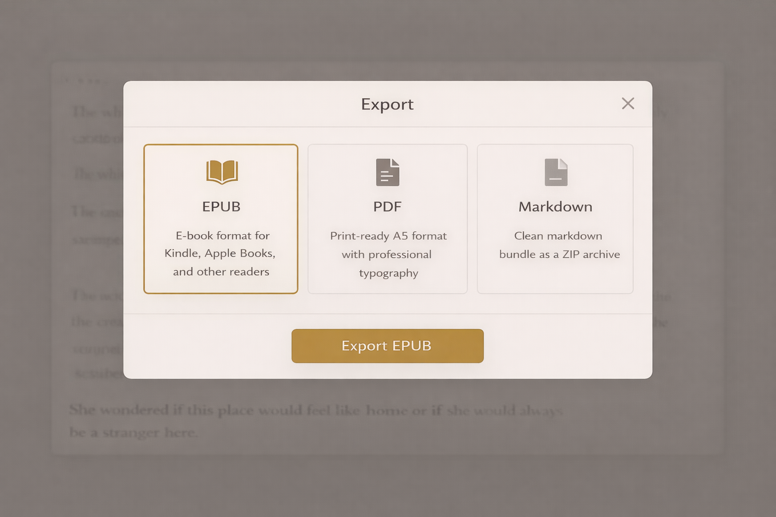 Export dialog with EPUB, PDF, and Markdown options