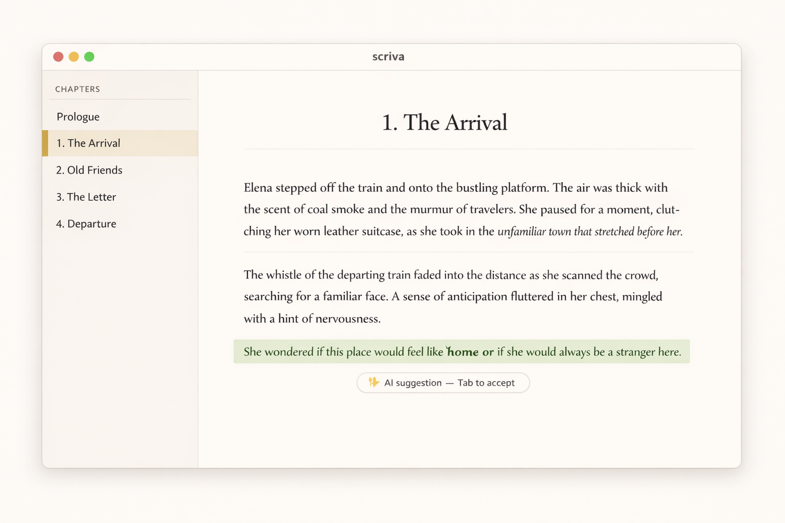 scriva editor showing a chapter with AI inline suggestion