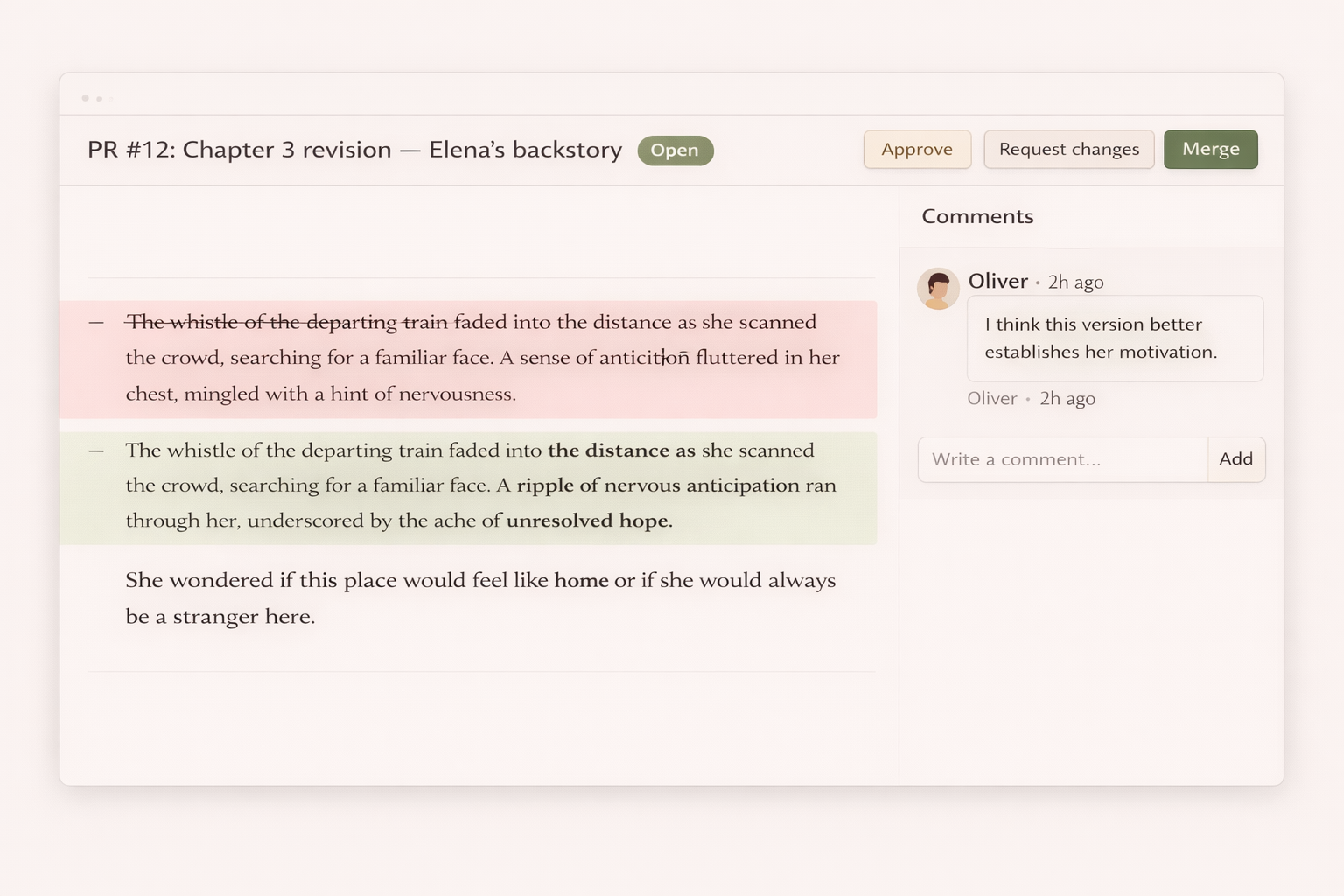 Pull request review with prose diff and inline comments