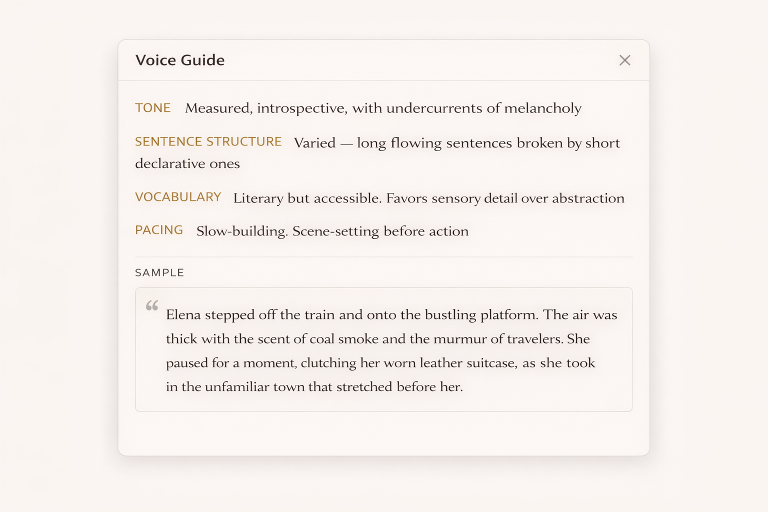 Voice Guide analysis showing tone, structure, vocabulary, and pacing
